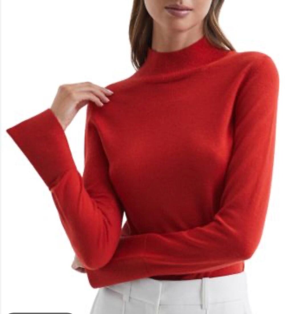 Reiss Womens Size Small Split Sleeve Mock Neck Sweater Red Merino Wool Pullover